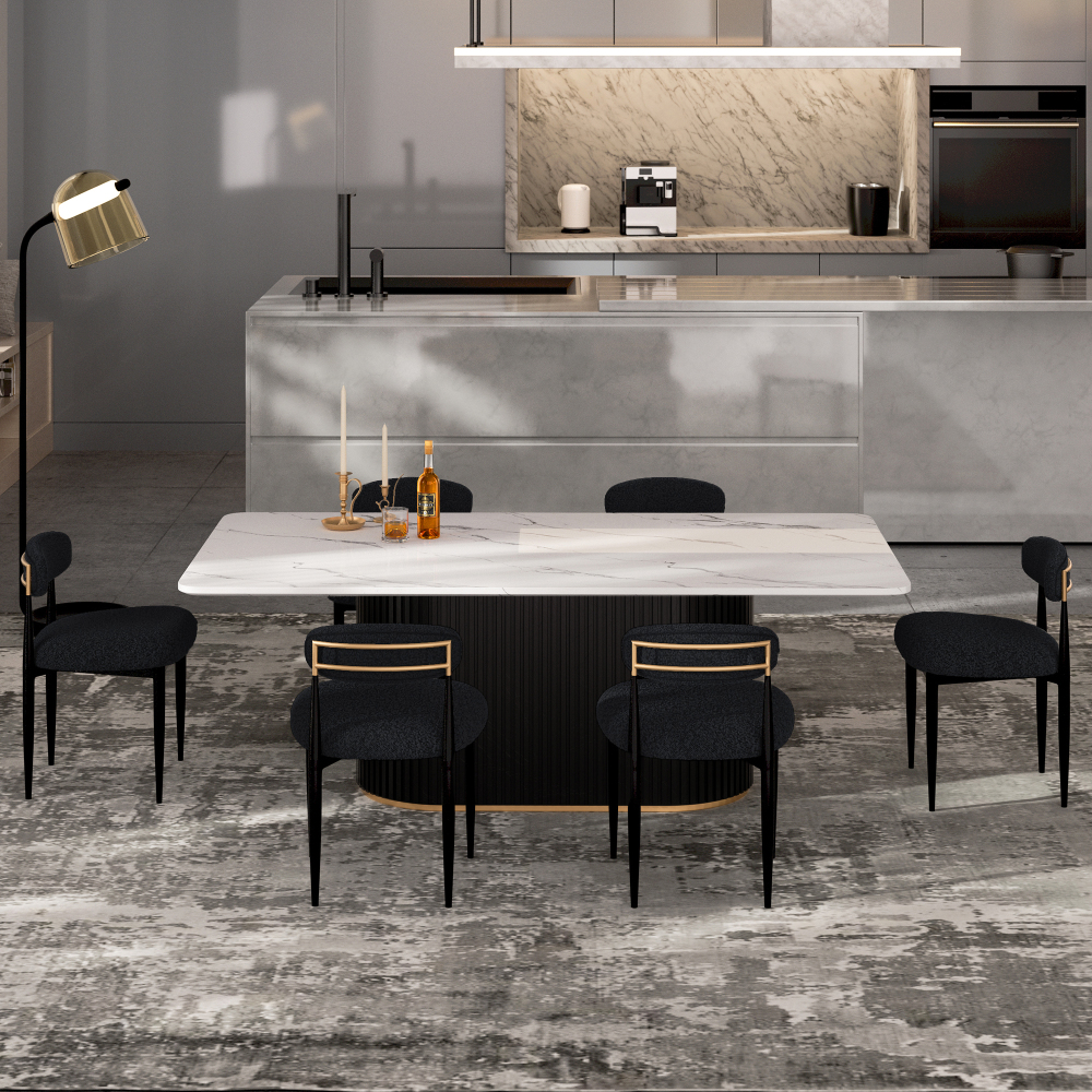 Modern 7-Piece Faux Marble Dining Table Top with Boucle Armless Chairs in Black Dining Room Set for Kitchen