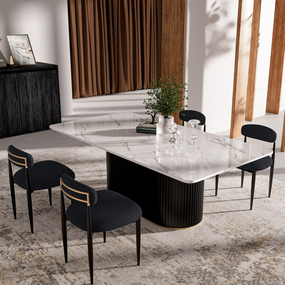 Modern 5-Piece Faux Marble Dining Table Top with Boucle Armless Chairs in Black Dining Room Set for Kitchen