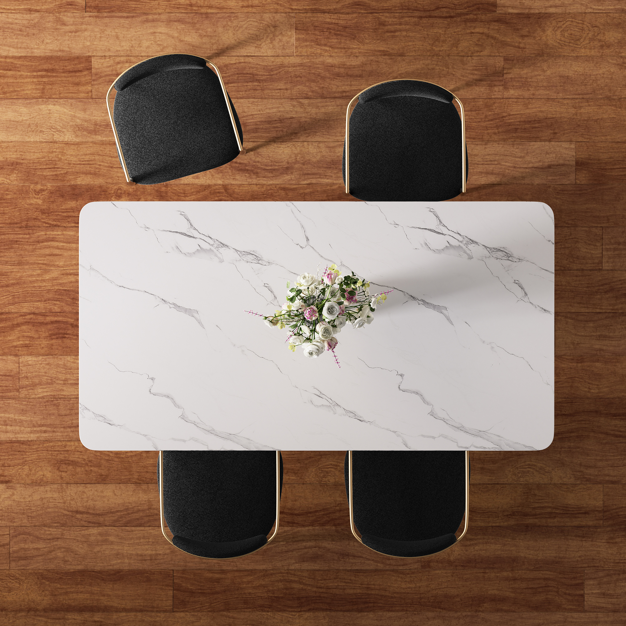 Modern 5-Piece Faux Marble Dining Table Top with Boucle Chairs in Black Dining Room Set for Kitchen