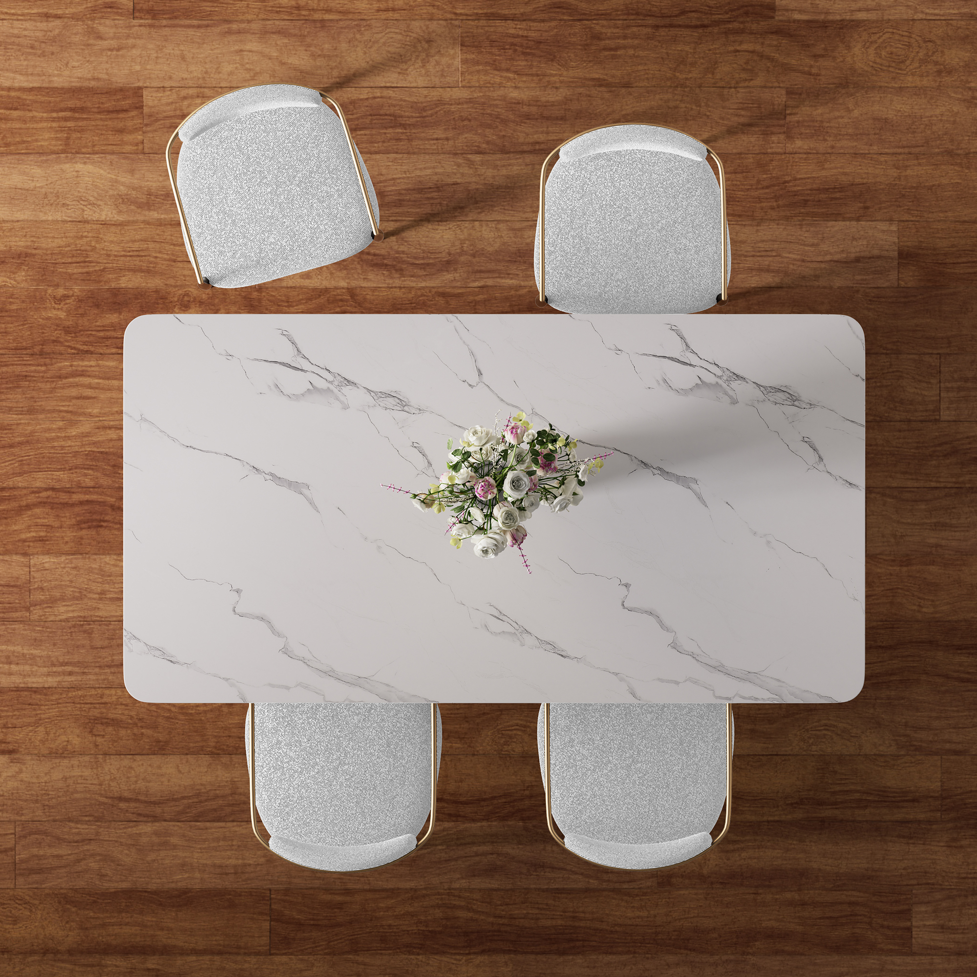 Modern 5-Piece Faux Marble Dining Table Top with Boucle Chairs in White Dining Room Set for Kitchen