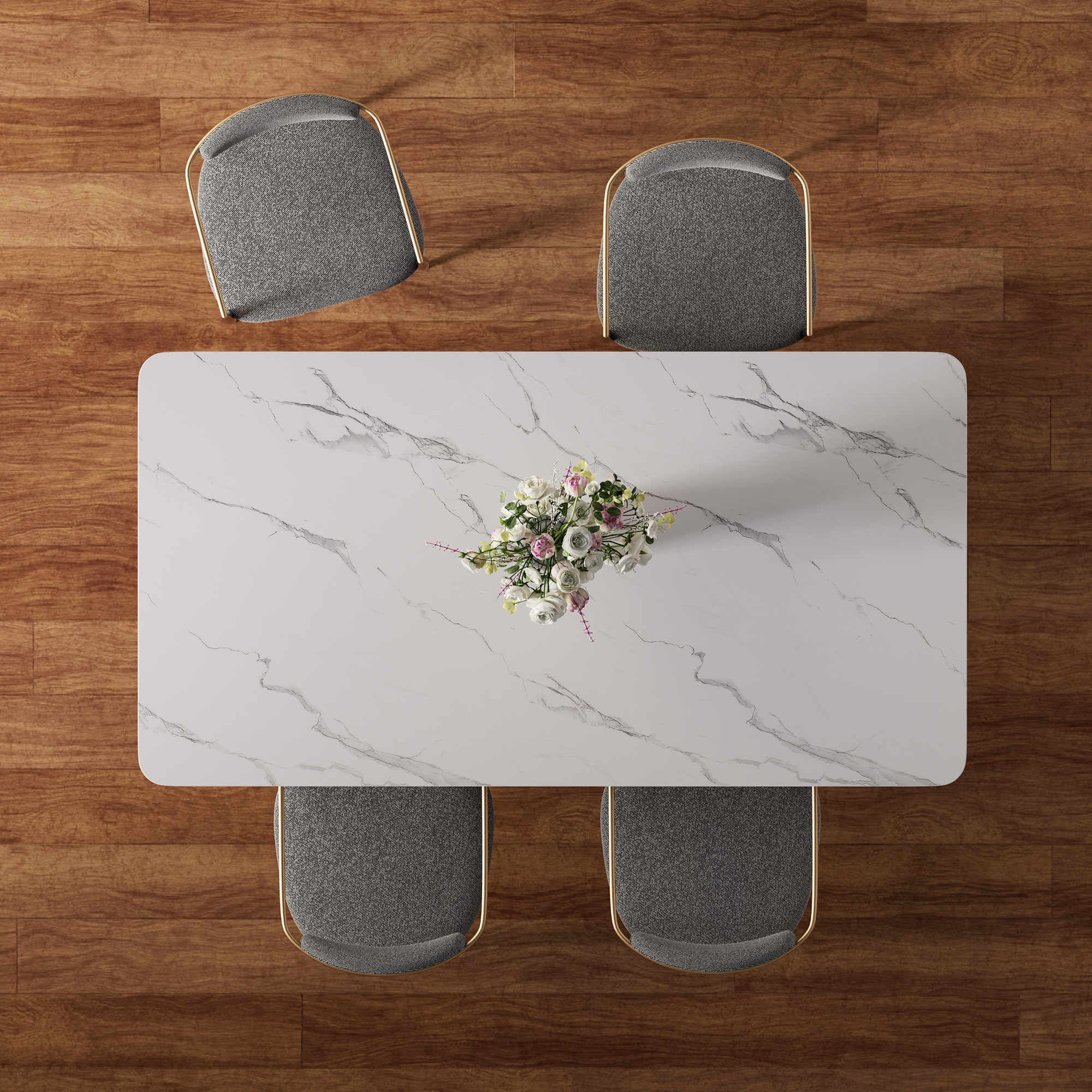 Modern 5-Piece Faux Marble Dining Table Top with Boucle Chairs in Gray Dining Room Set for Kitchen