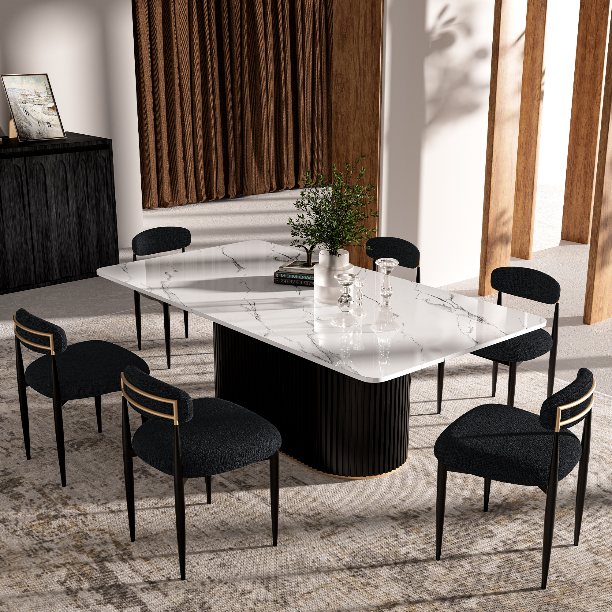 Modern 7-Piece Faux Marble Dining Table Top with Boucle Armless Chairs in Black Dining Room Set for Kitchen