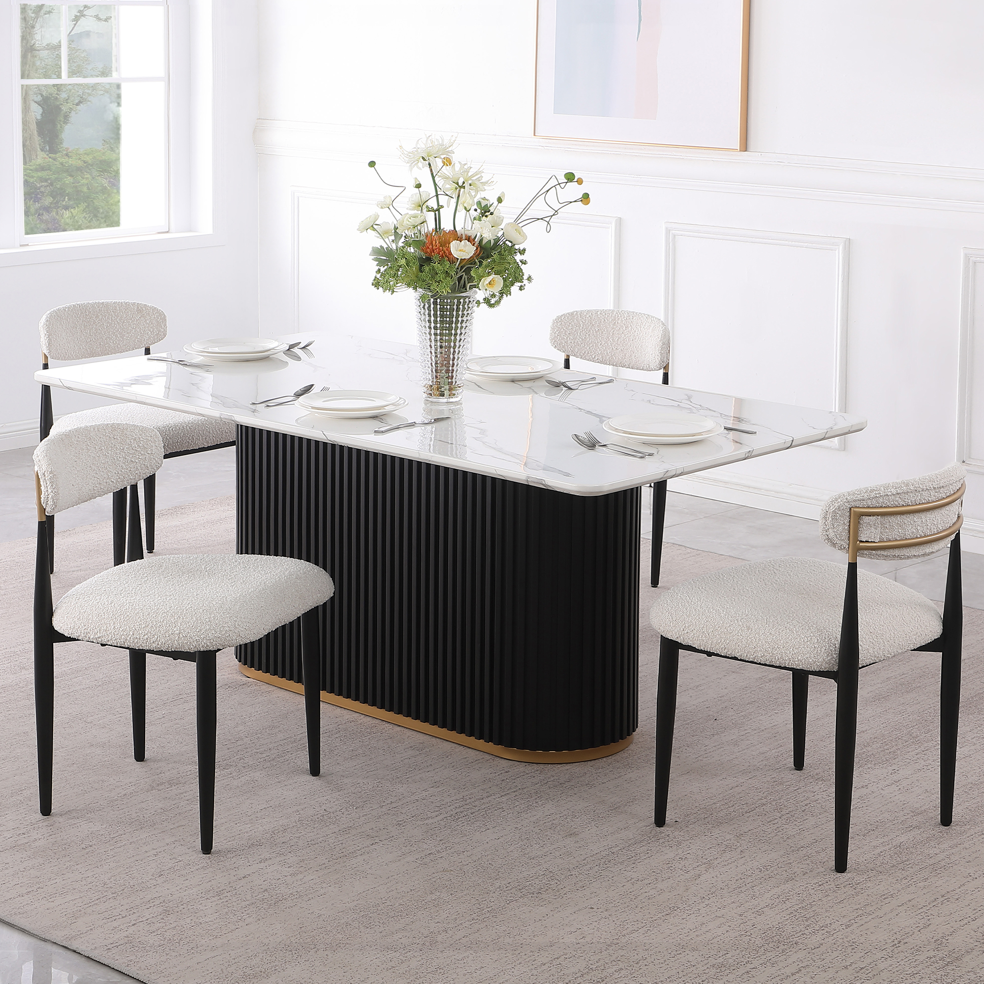 Modern 5-Piece Faux Marble Dining Table Top with Boucle Armless Chairs in White Dining Room Set for Kitchen