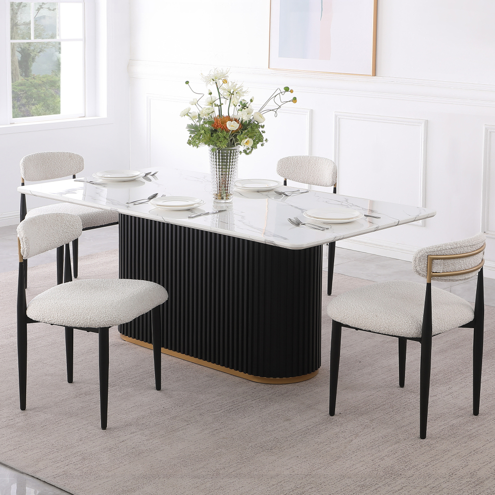 Modern 5-Piece Faux Marble Dining Table Top with Boucle Armless Chairs in White Dining Room Set for Kitchen