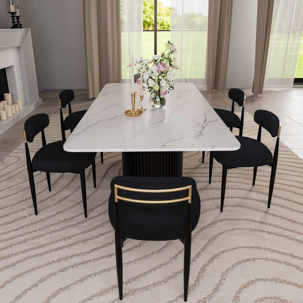 Modern 7-Piece Faux Marble Dining Table Top with Boucle Armless Chairs in Black Dining Room Set for Kitchen