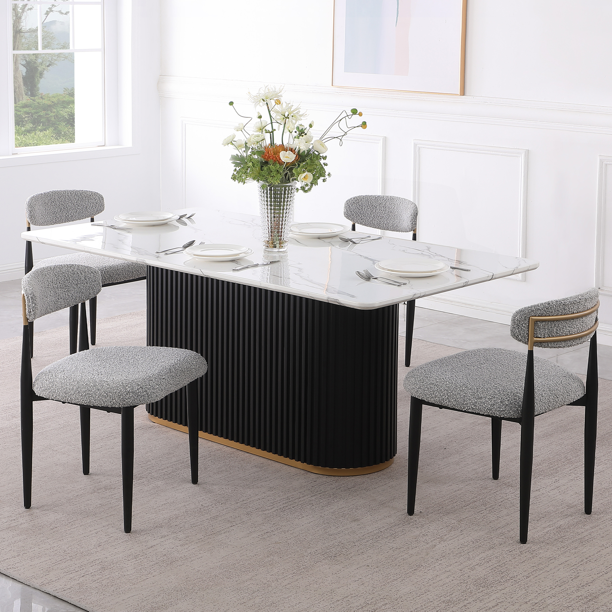 Modern 5-Piece Faux Marble Dining Table Top with Boucle Armless Chairs in Gray Dining Room Set for Kitchen