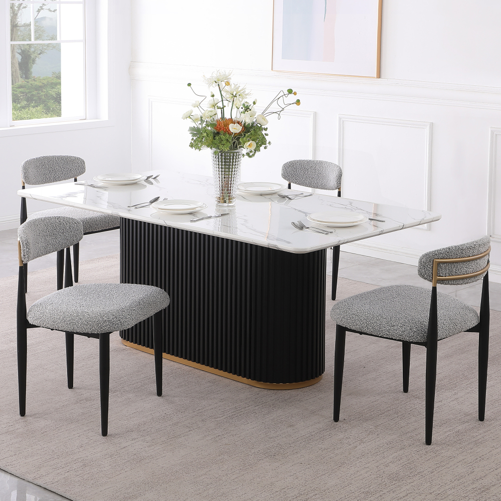 Modern 5-Piece Faux Marble Dining Table Top with Boucle Armless Chairs in Gray Dining Room Set for Kitchen