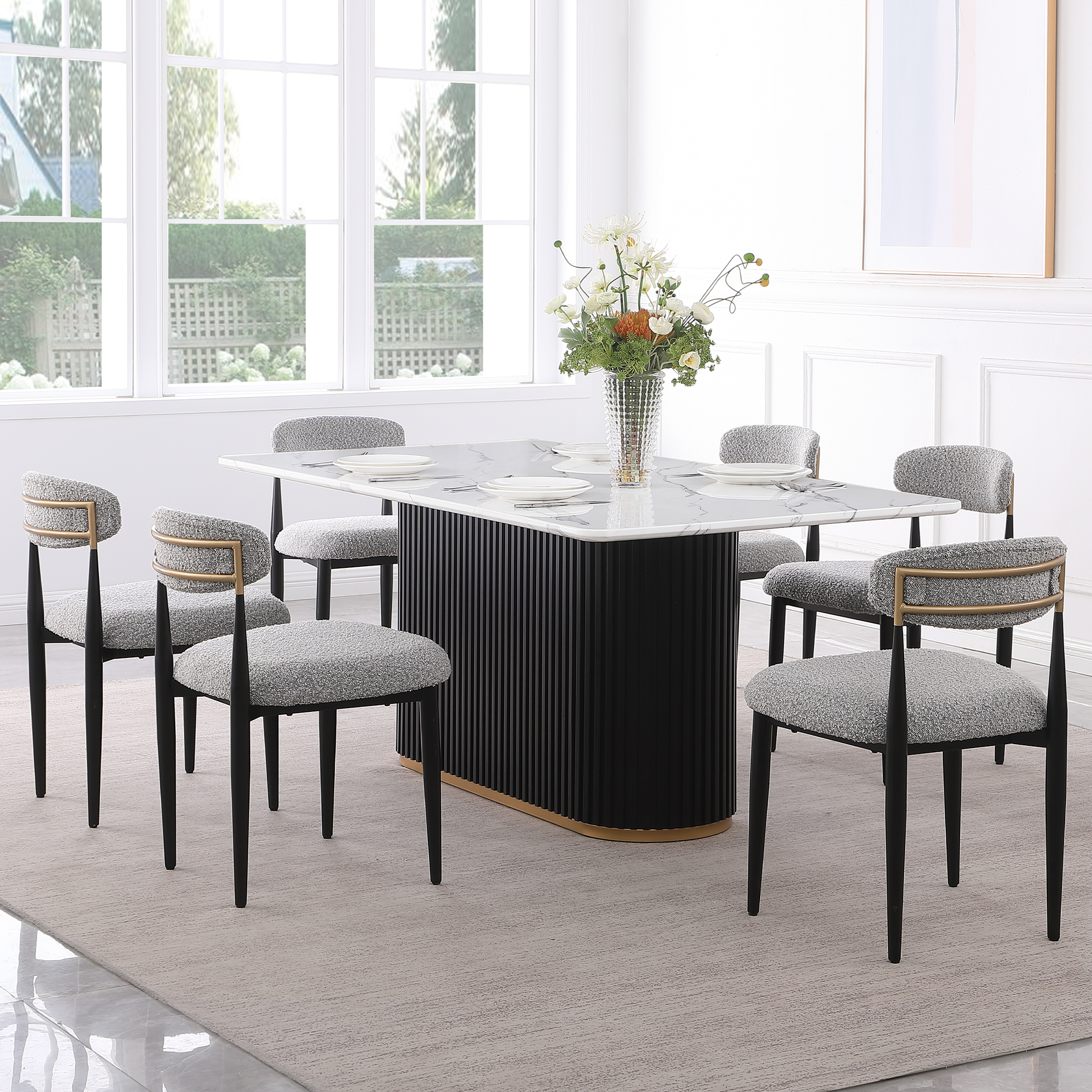 Modern 7-Piece Faux Marble Dining Table Top with Boucle Armless Chairs in Gray Dining Room Set for Kitchen
