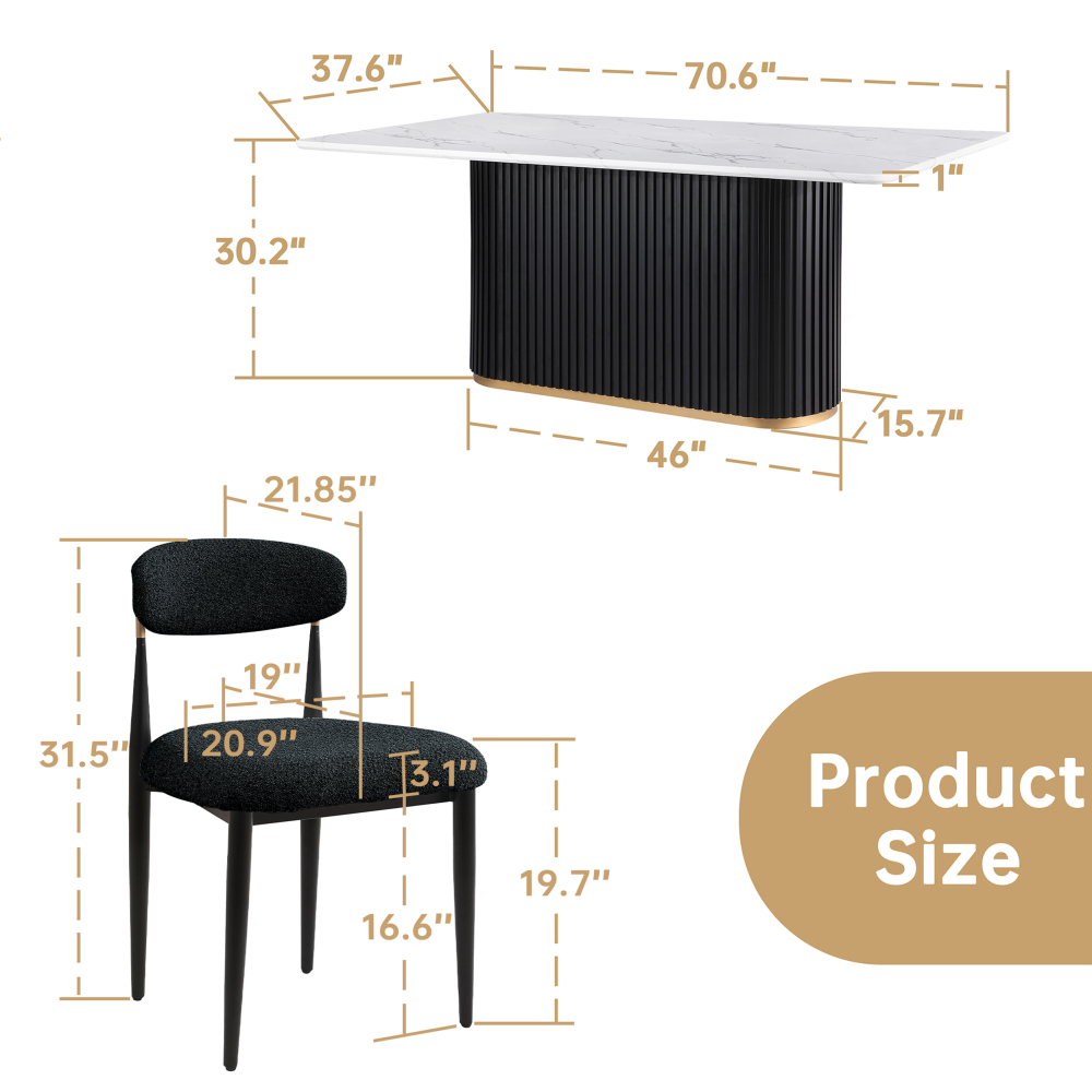 Modern 5-Piece Faux Marble Dining Table Top with Boucle Armless Chairs in Black Dining Room Set for Kitchen