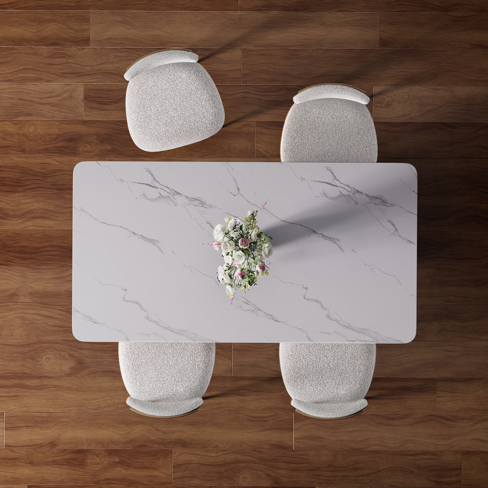 Modern 5-Piece Faux Marble Dining Table Top with Boucle Armless Chairs in White Dining Room Set for Kitchen