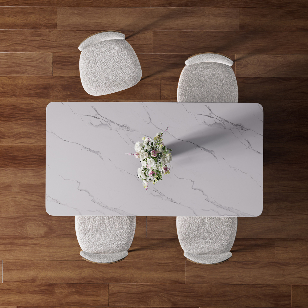 Modern 5-Piece Faux Marble Dining Table Top with Boucle Armless Chairs in White Dining Room Set for Kitchen