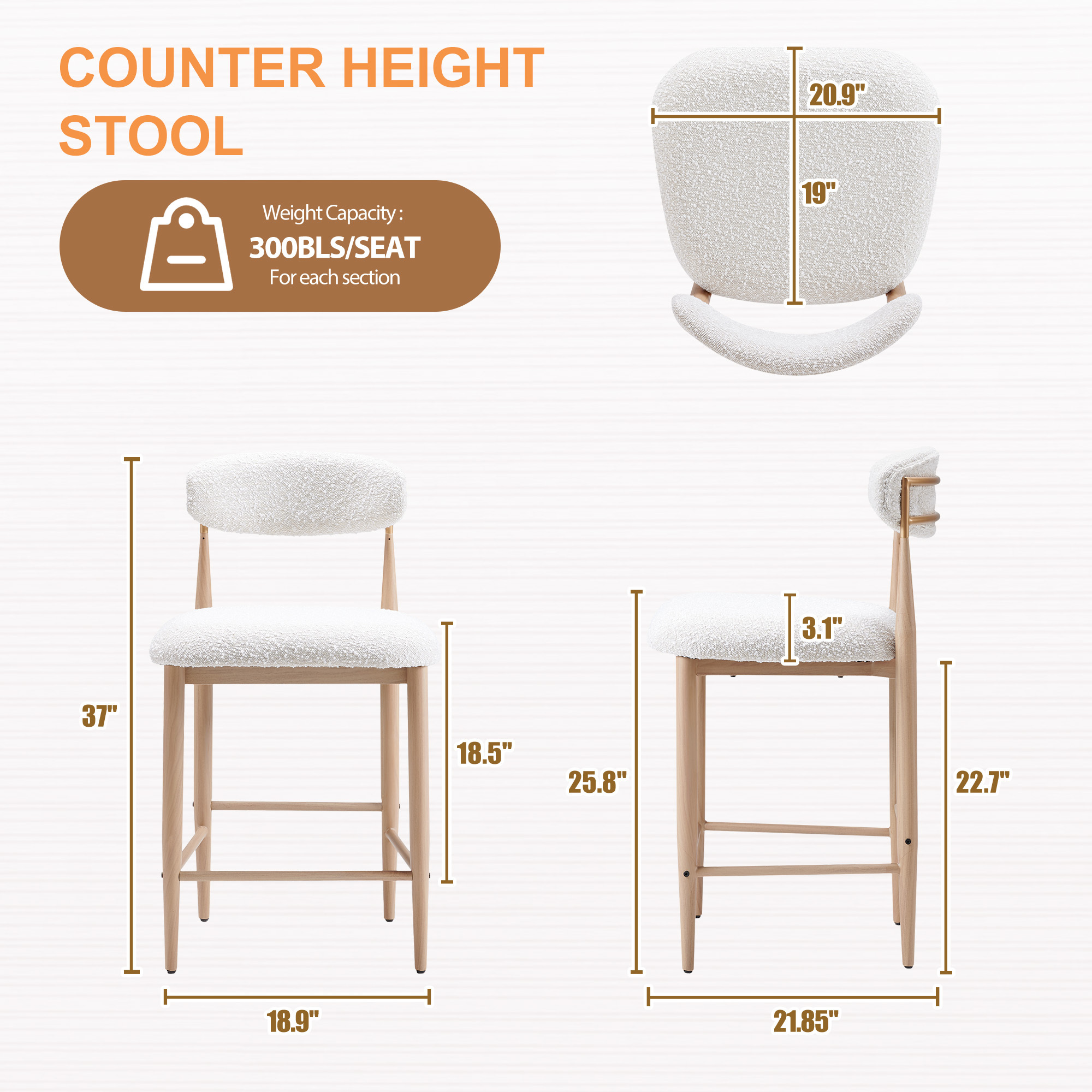 Boucle Counter Height Bar Stool for Kitchen Island, Dining Room Metal Armless Chair Upholstered Barstools Set of 2