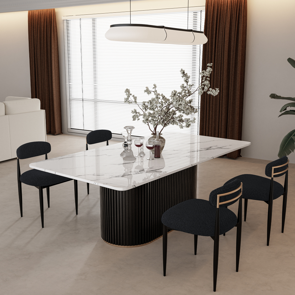Modern 5-Piece Faux Marble Dining Table Top with Boucle Armless Chairs in Black Dining Room Set for Kitchen