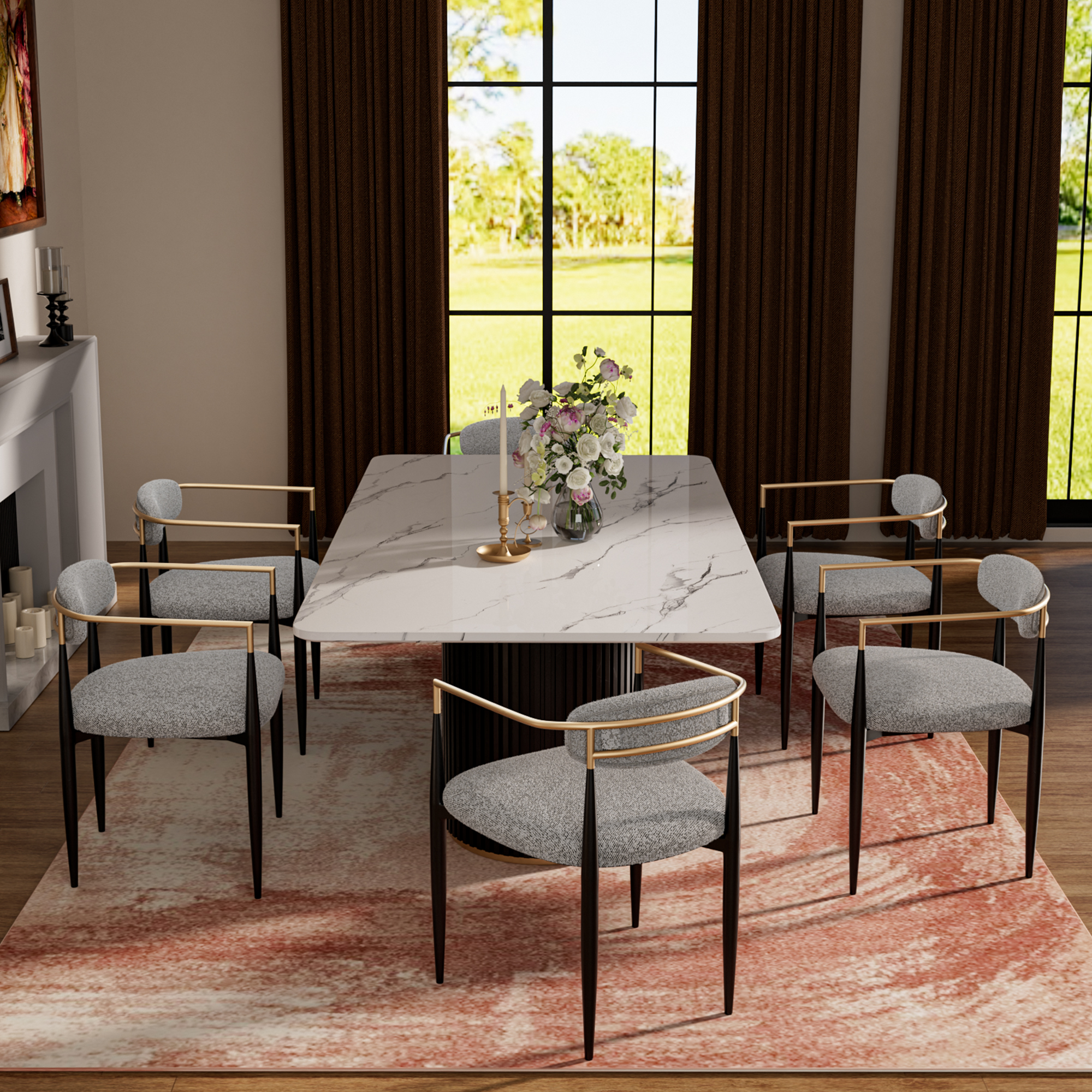 Modern 7-Piece Faux Marble Dining Table Top with Boucle Chairs in Gray Dining Room Set for Kitchen