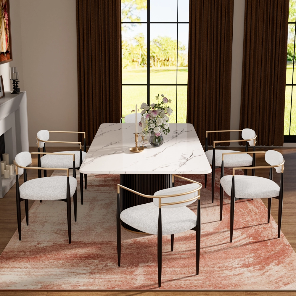 Modern 7-Piece Faux Marble Dining Table Top with Boucle Chairs in White ...