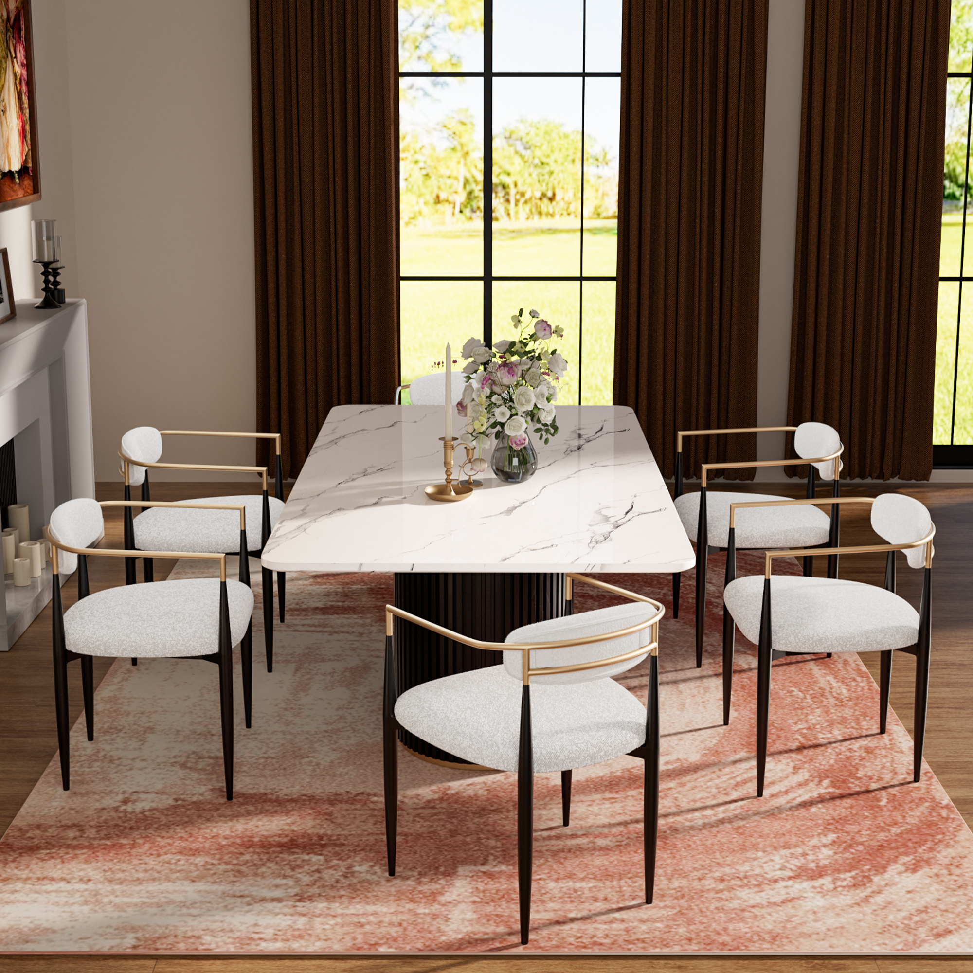 Modern 7-Piece Faux Marble Dining Table Top with Boucle Chairs in White Dining Room Set for Kitchen
