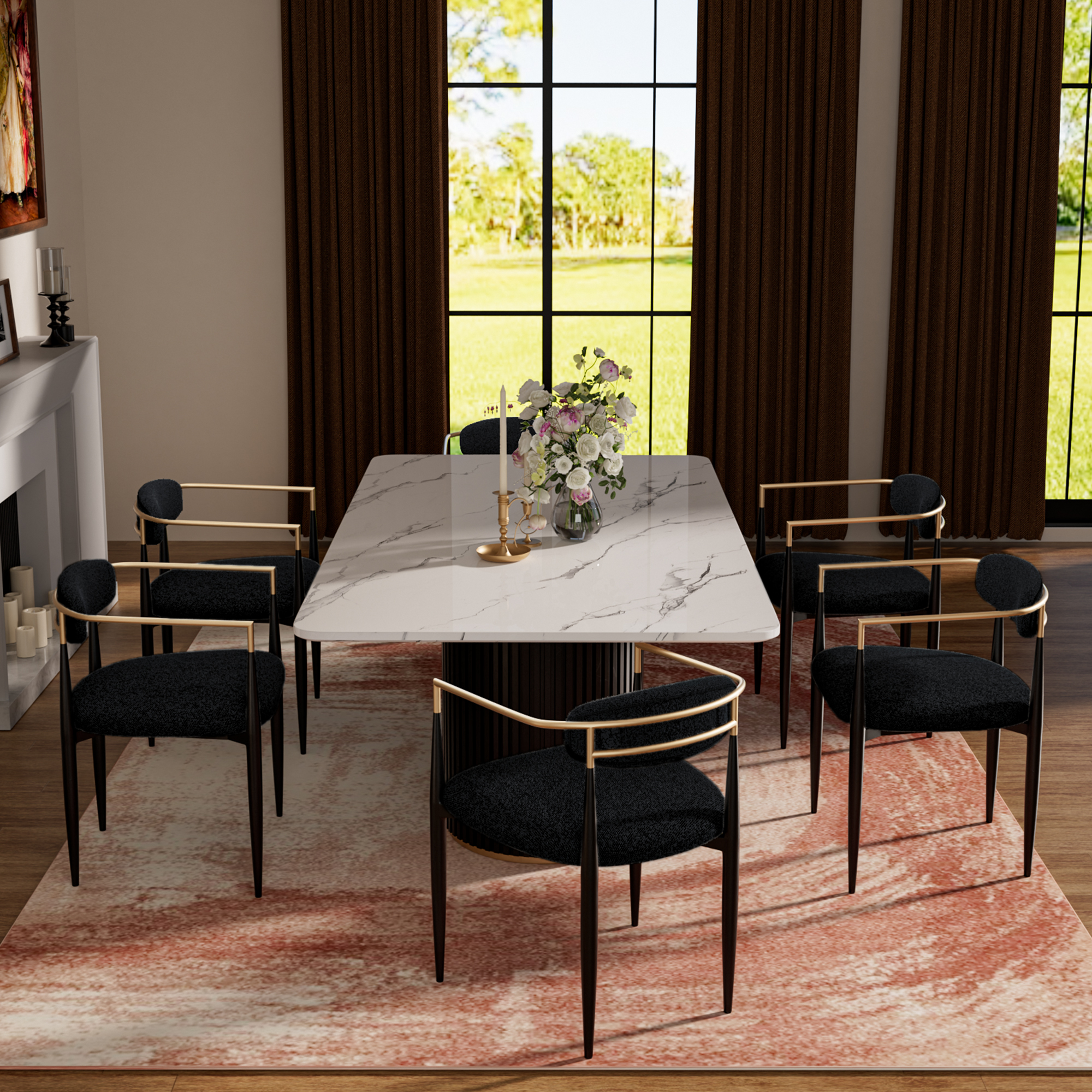 Modern 7-Piece Faux Marble Dining Table Top with Boucle Chairs in Black Dining Room Set for Kitchen