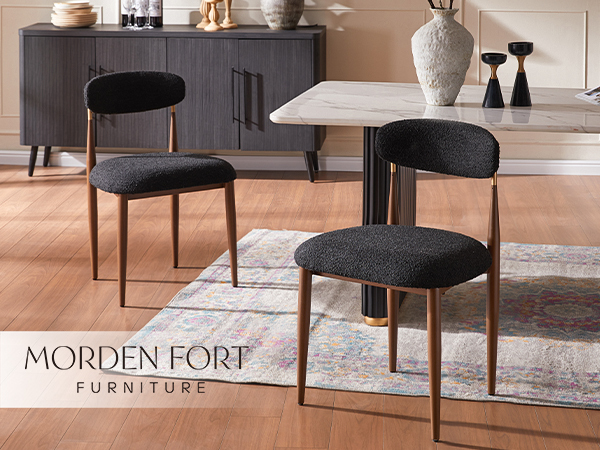 Modern 3-Piece Faux Marble Dining Table Top with Boucle Chairs in Black Dining Room Set for Kitchen