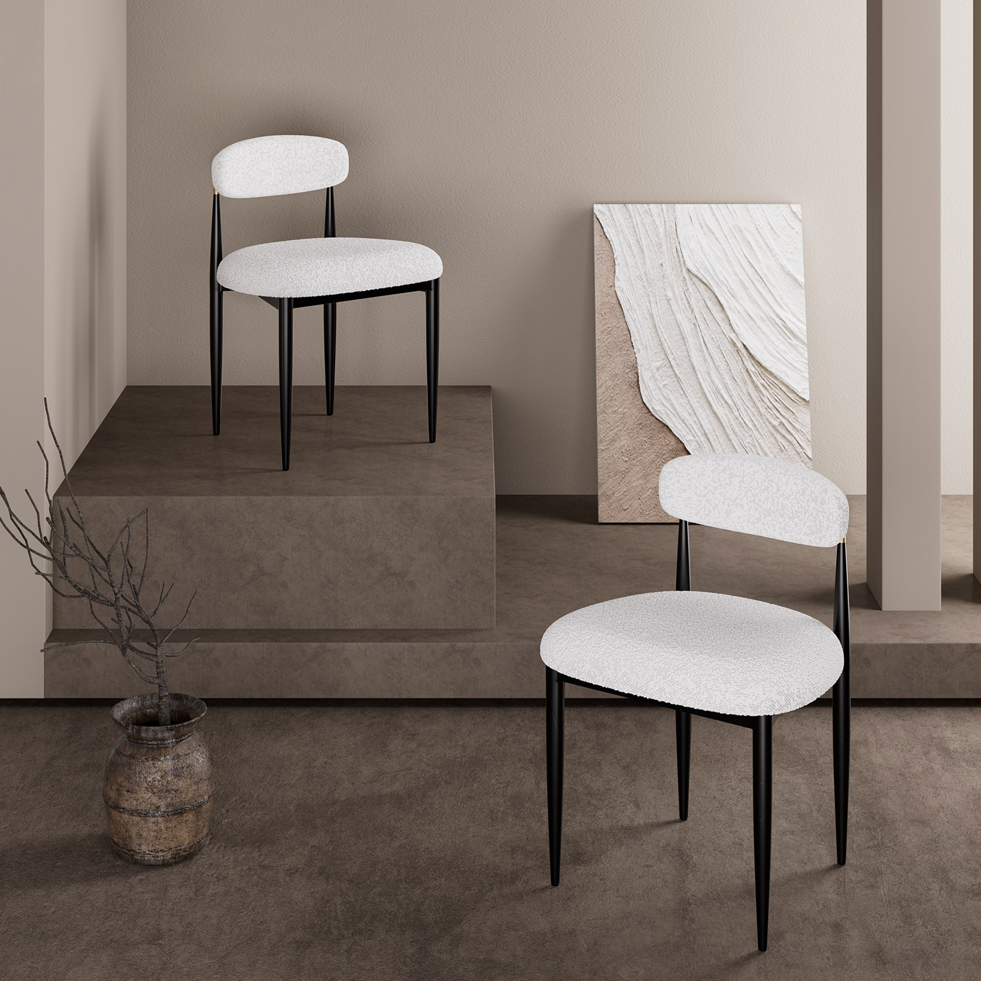 Modern 7-Piece Faux Marble Dining Table Top with Boucle Armless Chairs in White Dining Room Set for Kitchen
