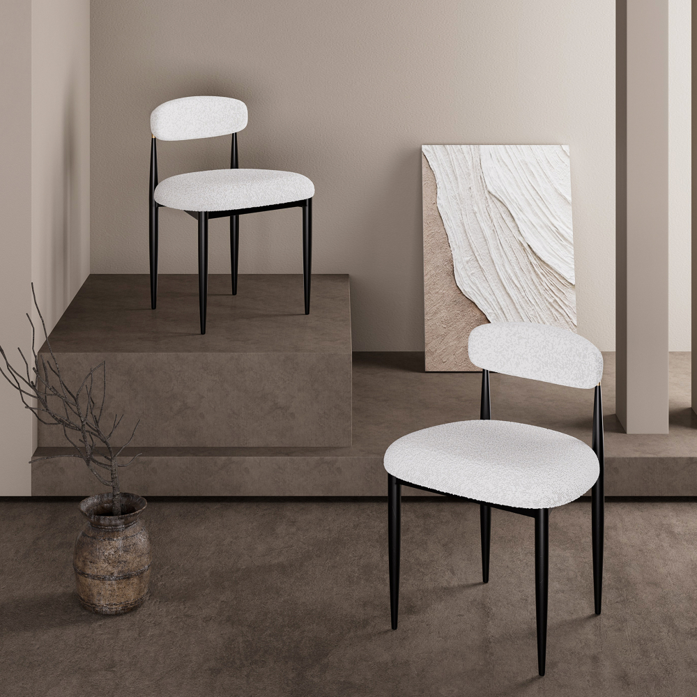 Modern 7-Piece Faux Marble Dining Table Top with Boucle Armless Chairs in White Dining Room Set for Kitchen