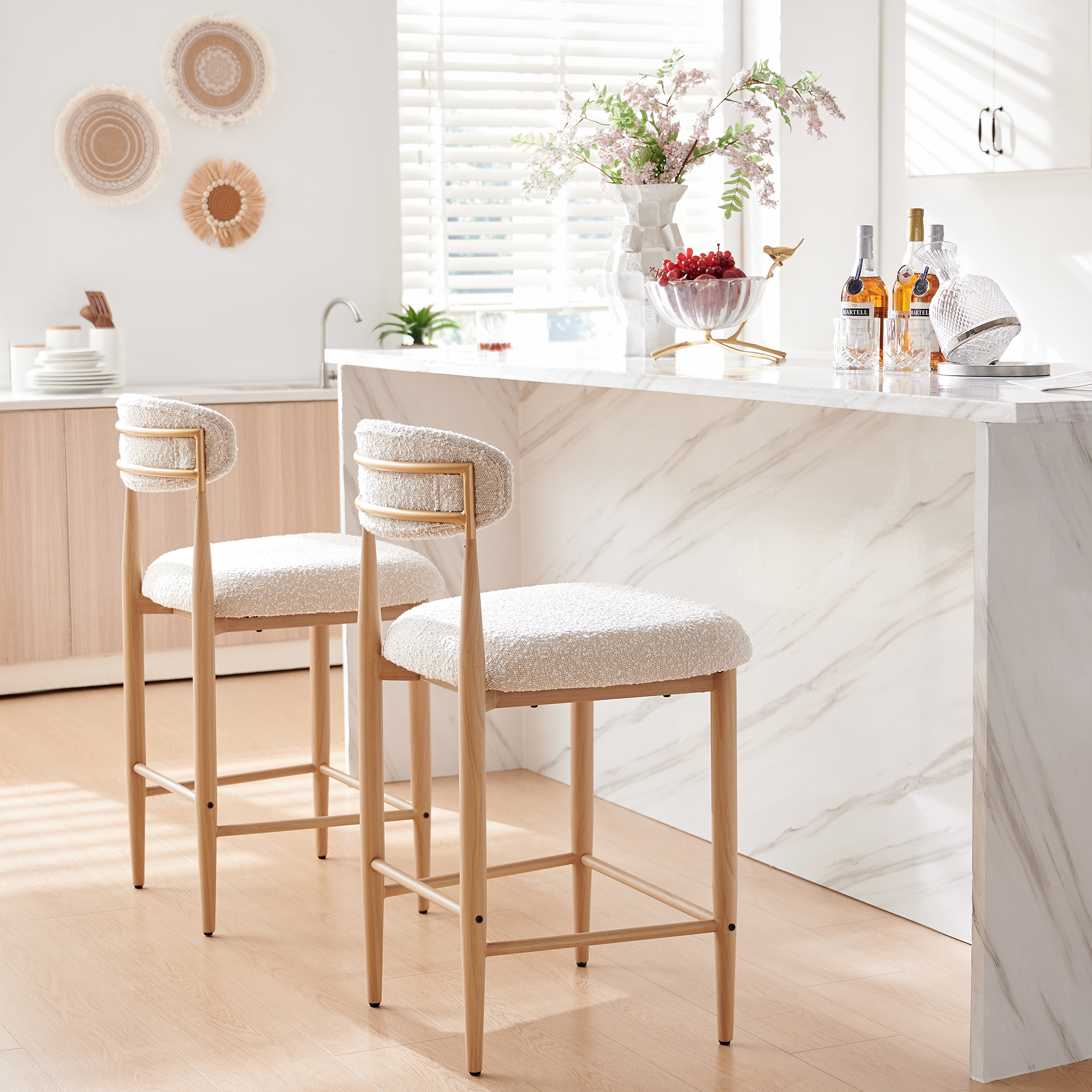 Boucle Counter Height Bar Stool for Kitchen Island, Dining Room Metal Armless Chair Upholstered Barstools Set of 2