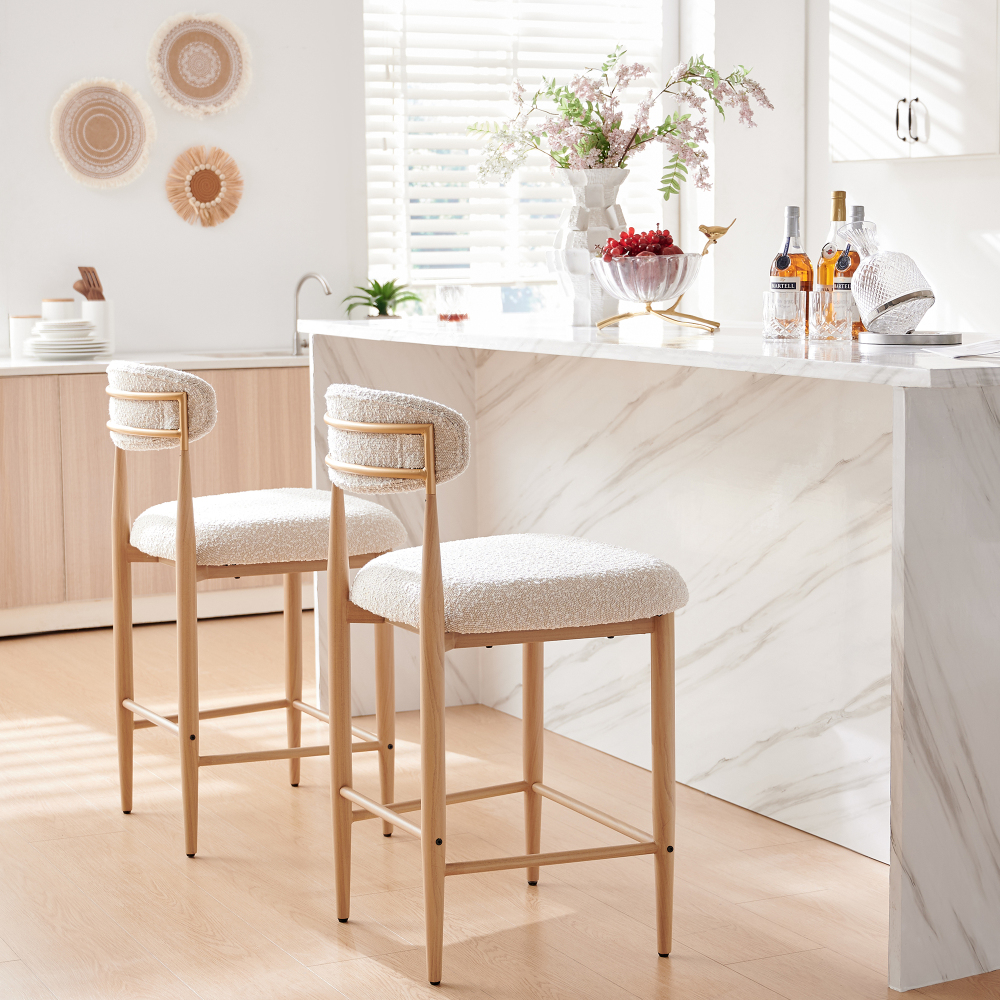 Boucle Counter Height Bar Stool for Kitchen Island, Dining Room Metal Armless Chair Upholstered Barstools Set of 2