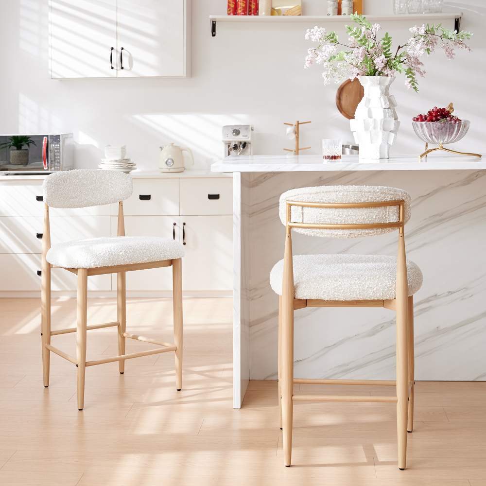Boucle Counter Height Bar Stool for Kitchen Island, Dining Room Metal Armless Chair Upholstered Barstools Set of 2