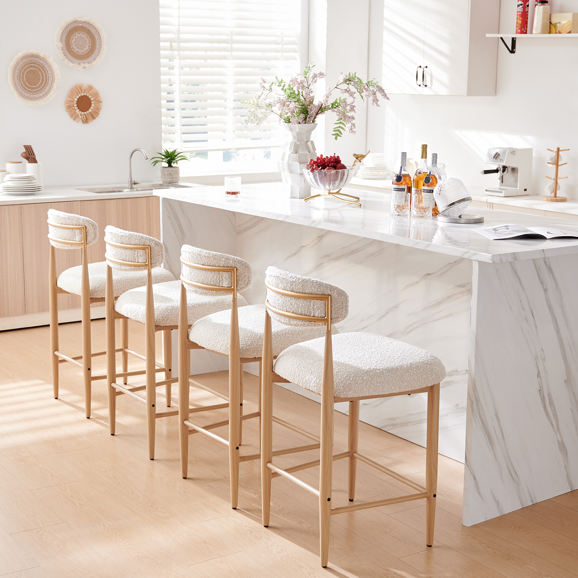 Boucle Counter Height Bar Stool for Kitchen Island, Dining Room Metal Armless Chair Upholstered Barstools Set of 4