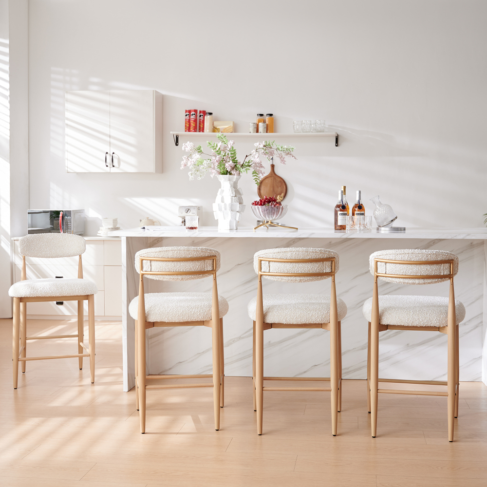 Boucle Counter Height Bar Stool for Kitchen Island, Dining Room Metal Armless Chair Upholstered Barstools Set of 4