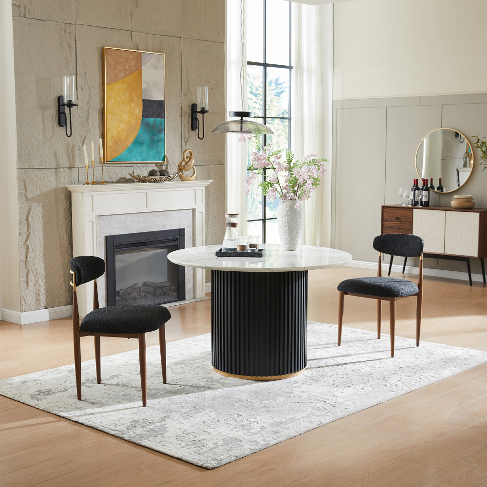 Modern 3-Piece Faux Marble Dining Table Top with Boucle Chairs in Black Dining Room Set for Kitchen