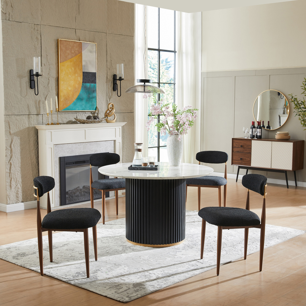 Modern 5-Piece Faux Marble Dining Table Top with Boucle Chairs in Black Dining Room Set for Kitchen Seats of 4