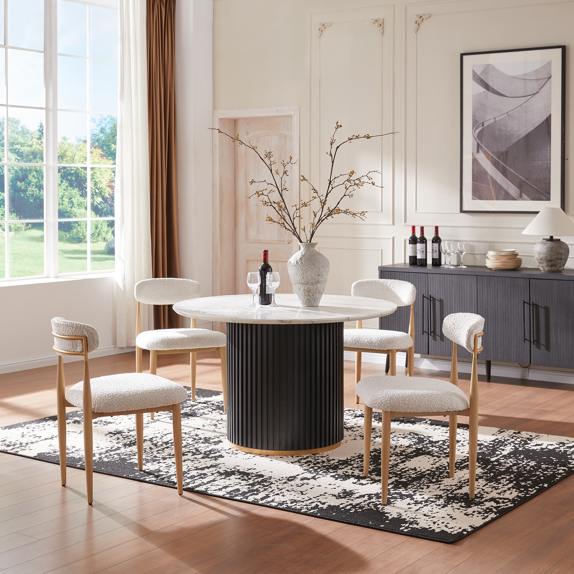 Modern 5-Piece Faux Marble Dining Table Top with Boucle Chairs in White Dining Room Set for Kitchen Seats of 4