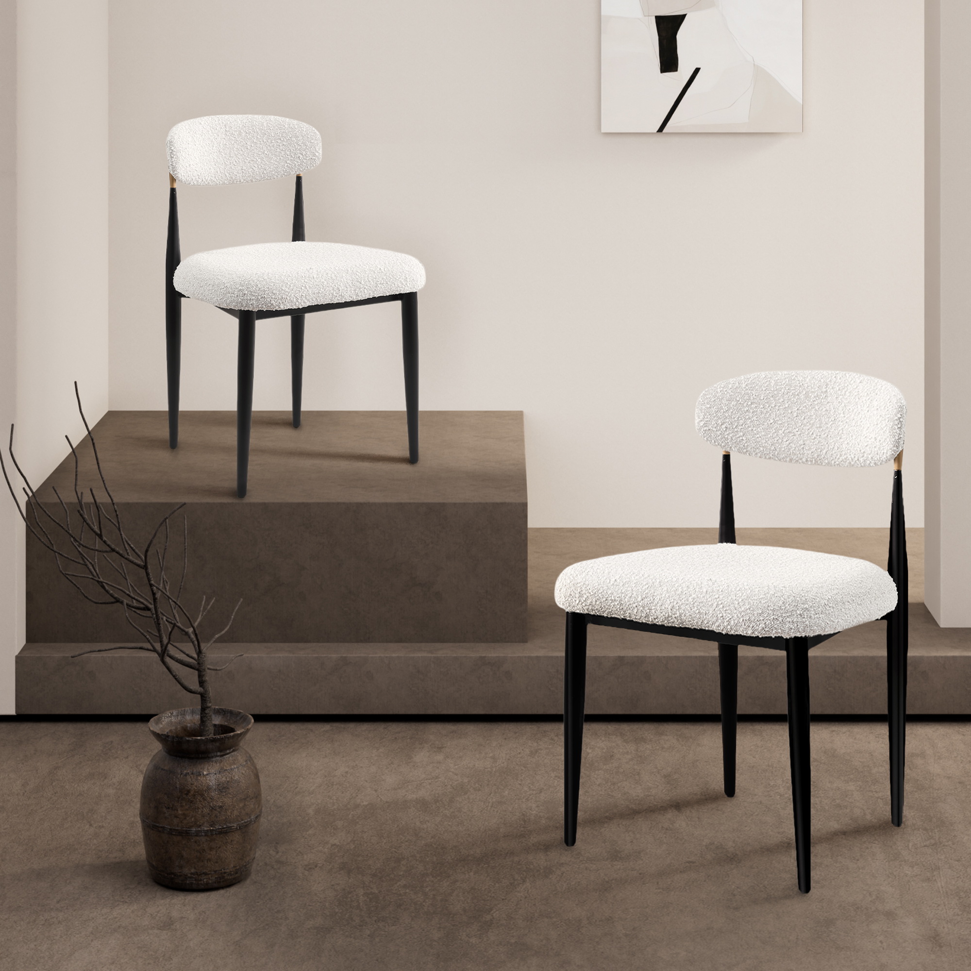 Modern 5-Piece Faux Marble Dining Table Top with Boucle Armless Chairs in White Dining Room Set for Kitchen
