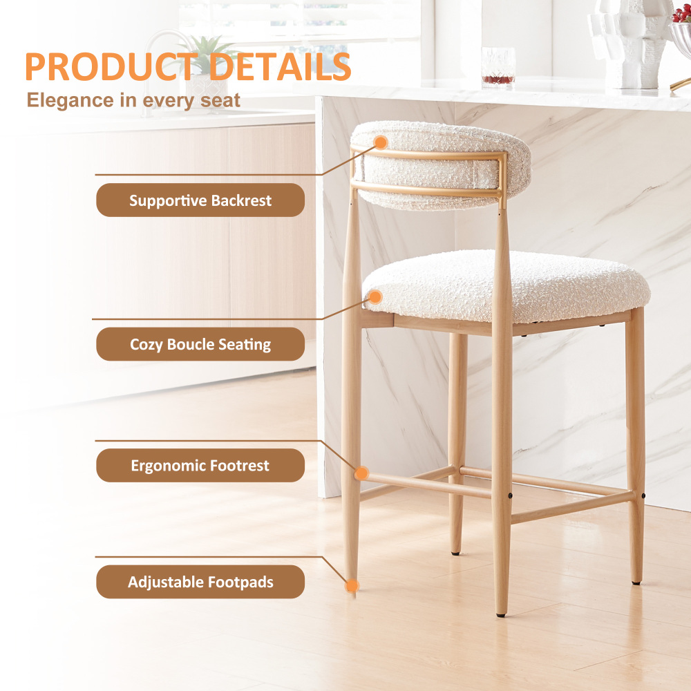 Boucle Counter Height Bar Stool for Kitchen Island, Dining Room Metal Armless Chair Upholstered Barstools Set of 4