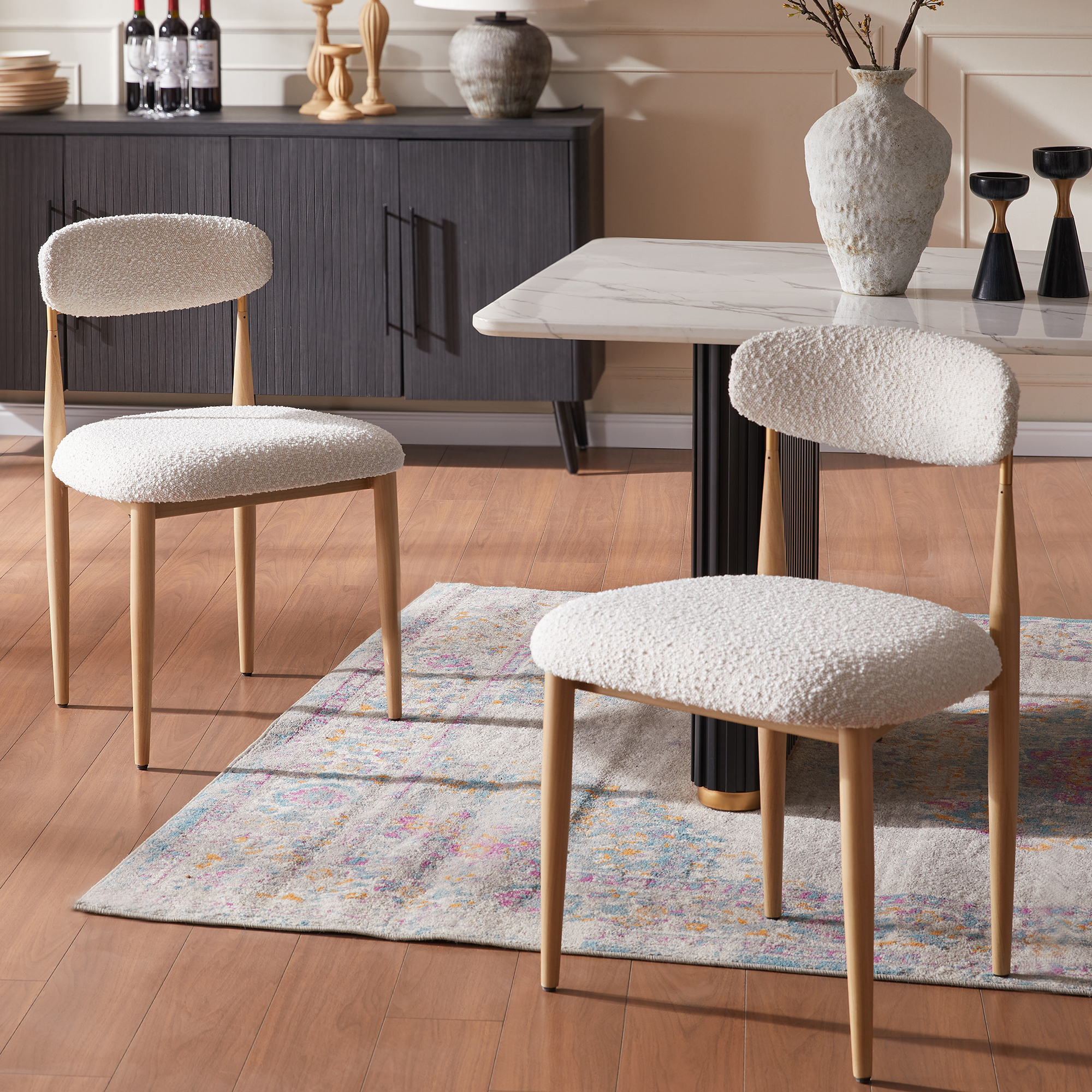 Modern 5-Piece Faux Marble Dining Table Top with Boucle Chairs in White Dining Room Set for Kitchen Seats of 4
