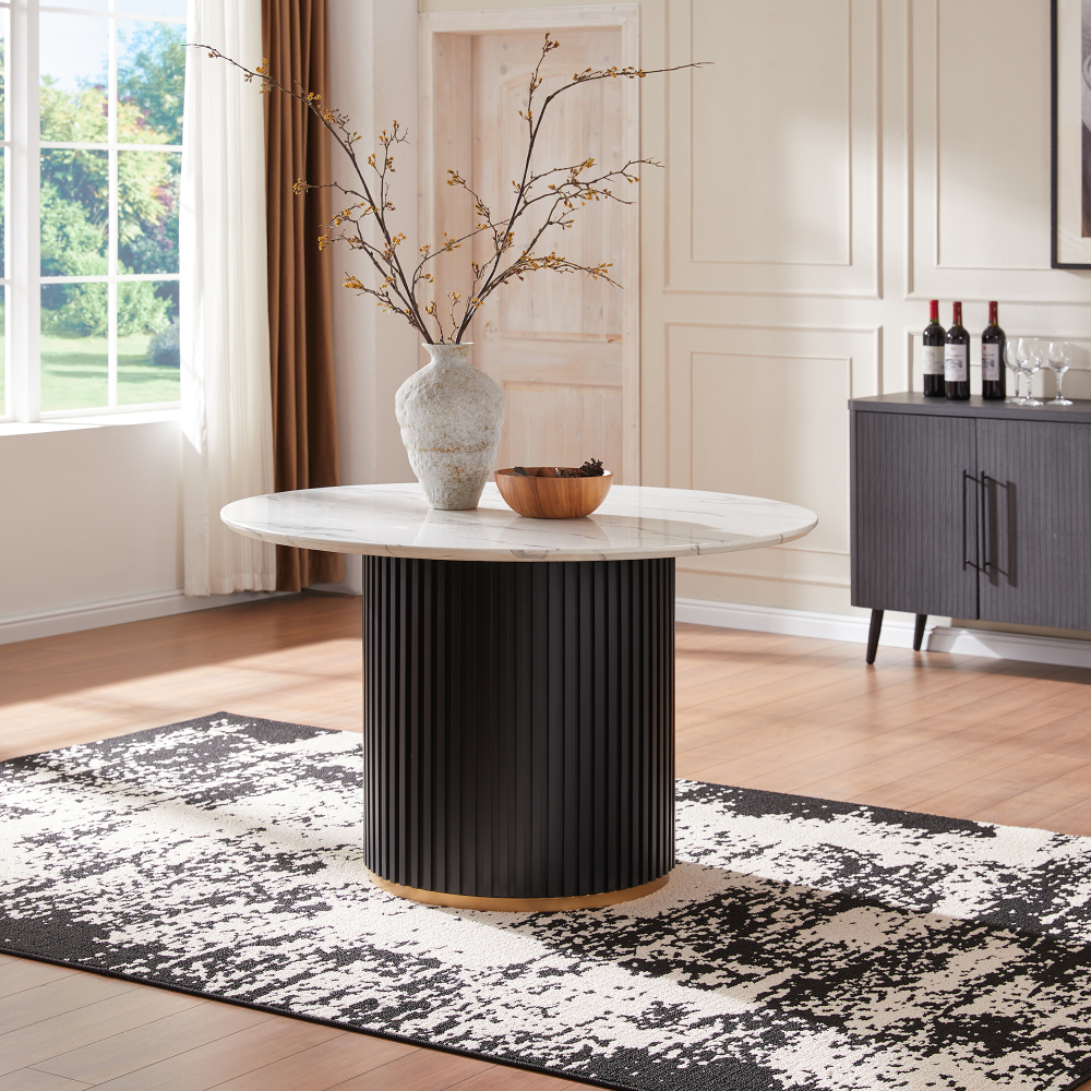 Modern 3-Piece Faux Marble Dining Table Top with Boucle Chairs in Black Dining Room Set for Kitchen