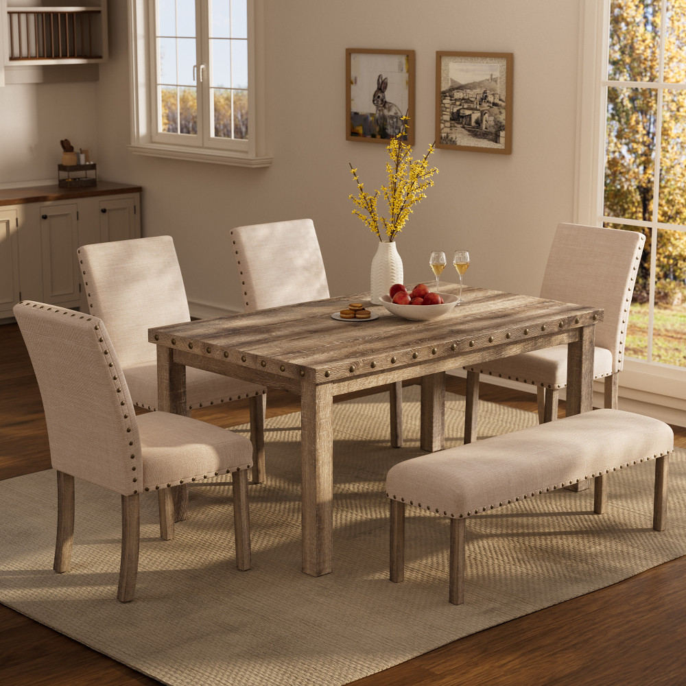 Morden Fort Dining Table Set for 6, 6 Piece Farmhouse Dining Set-- Wooden Table& 4 Upholstered Chairs& Bench