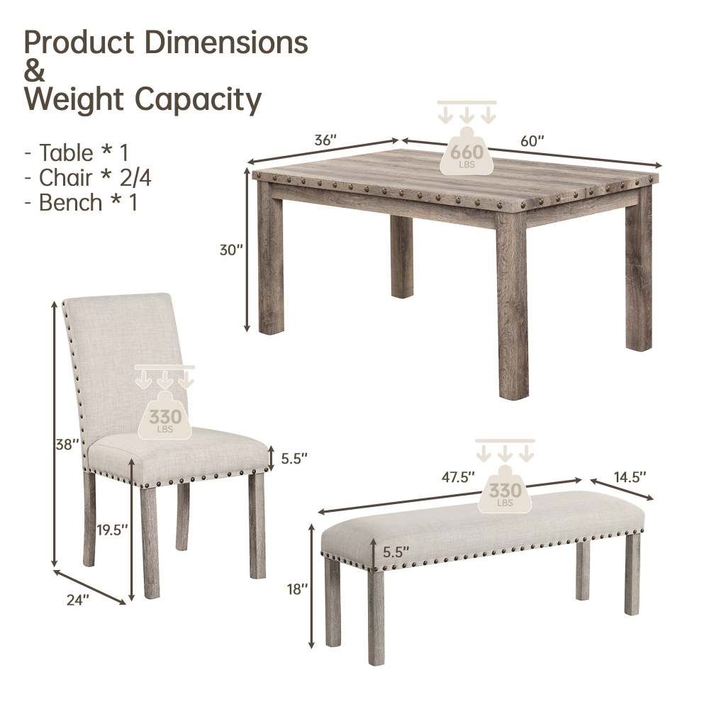 Morden Fort Dining Table Set for 6, 6 Piece Farmhouse Dining Set-- Wooden Table& 4 Upholstered Chairs& Bench