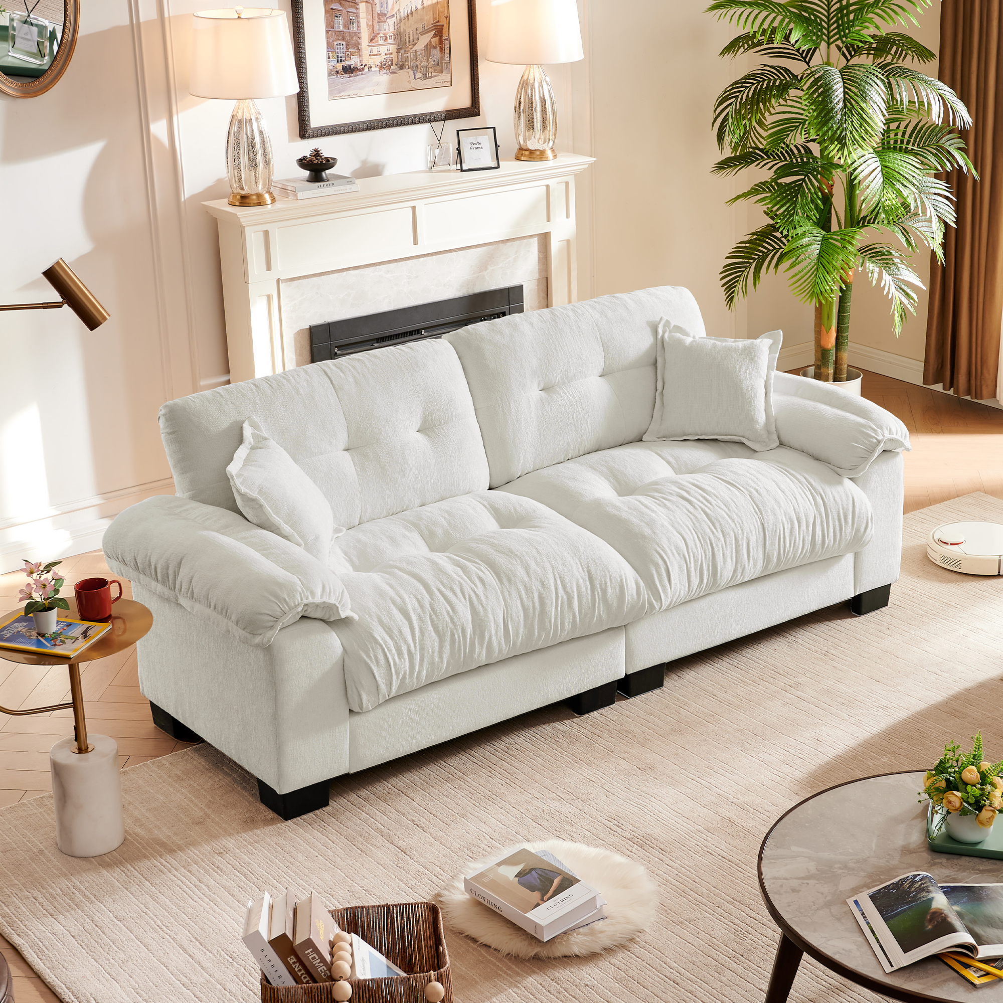 91.5" Modern Cloud Couch Sofa, Comfy Chenille Couches for Living Room,Oversized Loveseat Sofa with Wide Armrests Removable Cushion (White)