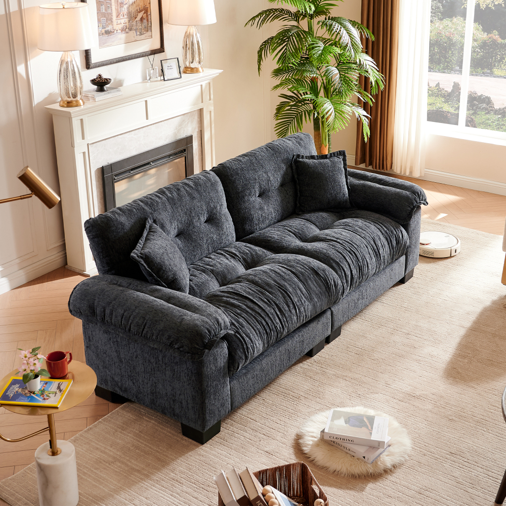 91.5" Modern Cloud Couch Sofa, Comfy Chenille Couches for Living Room,Oversized Loveseat Sofa with Wide Armrests Removable Cushion (Black)