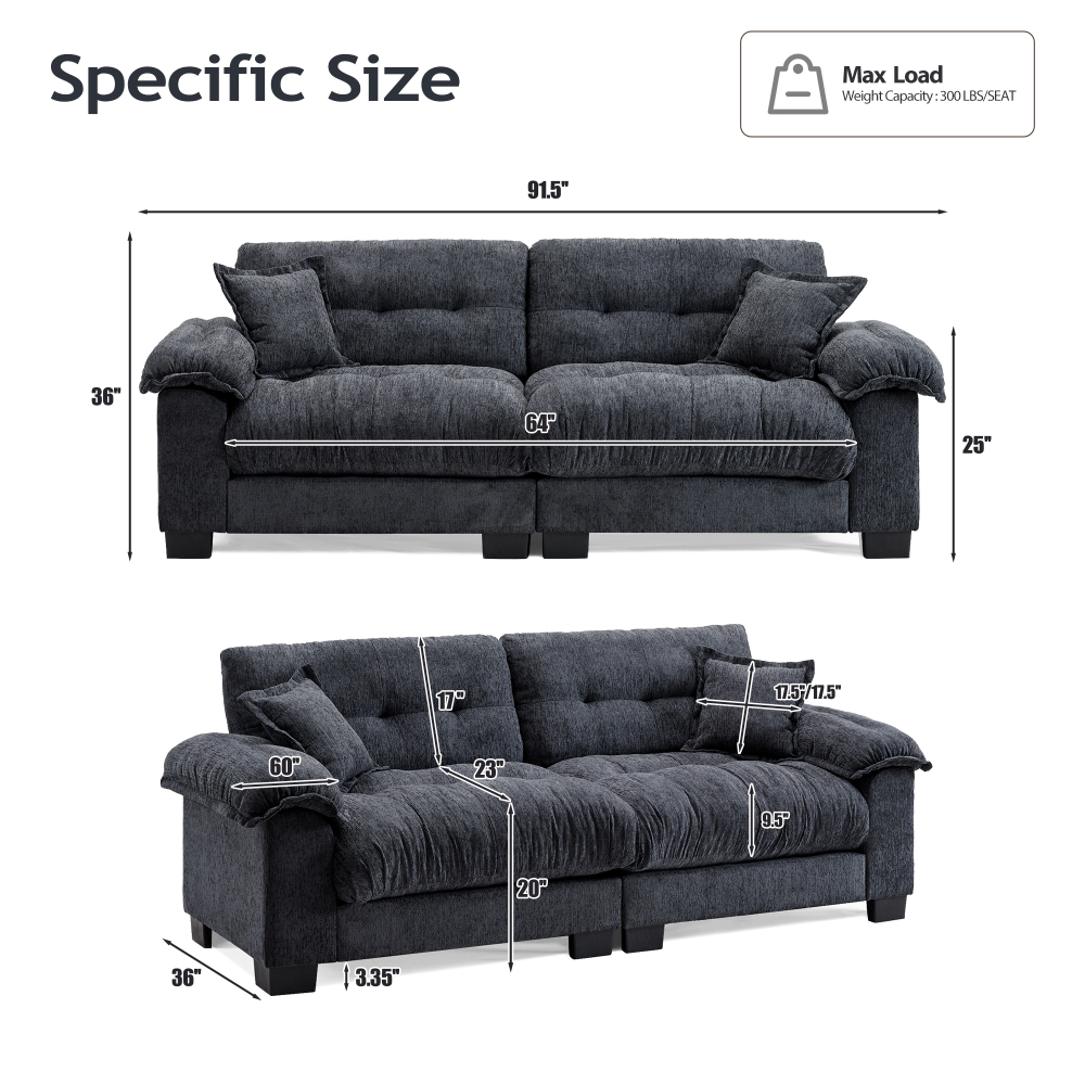91.5" Modern Cloud Couch Sofa, Comfy Chenille Couches for Living Room,Oversized Loveseat Sofa with Wide Armrests Removable Cushion (Black)