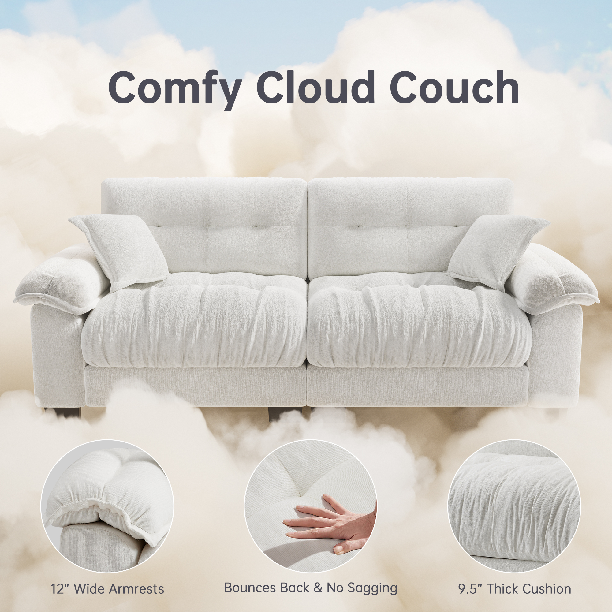 91.5" Modern Cloud Couch Sofa, Comfy Chenille Couches for Living Room,Oversized Loveseat Sofa with Wide Armrests Removable Cushion (White)