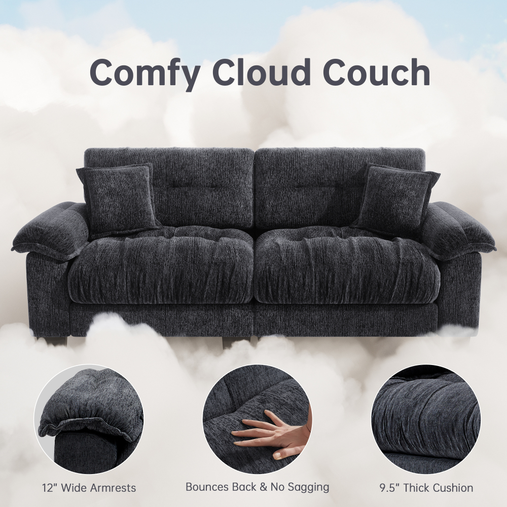 91.5" Modern Cloud Couch Sofa, Comfy Chenille Couches for Living Room,Oversized Loveseat Sofa with Wide Armrests Removable Cushion (Black)