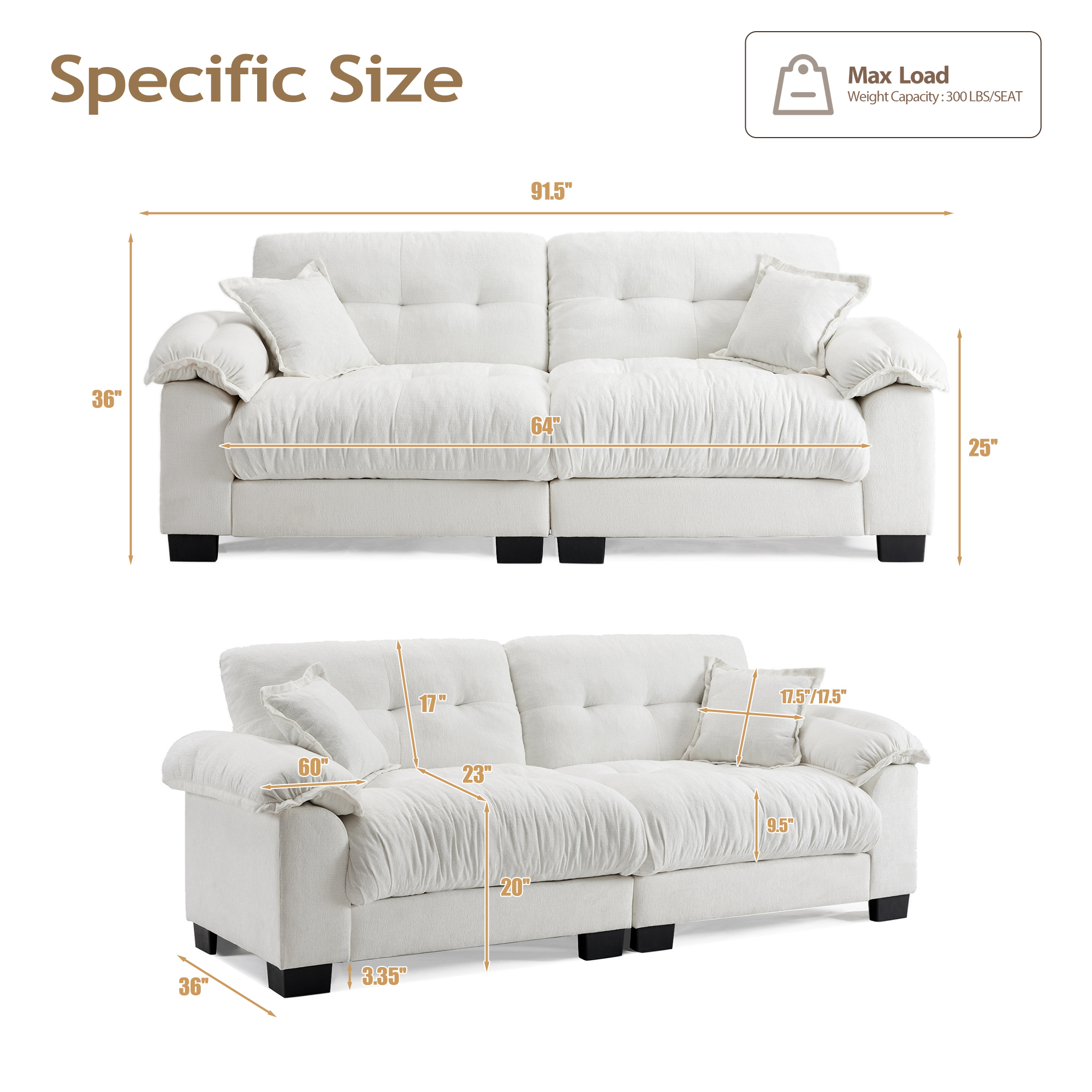 91.5" Modern Cloud Couch Sofa, Comfy Chenille Couches for Living Room,Oversized Loveseat Sofa with Wide Armrests Removable Cushion (White)