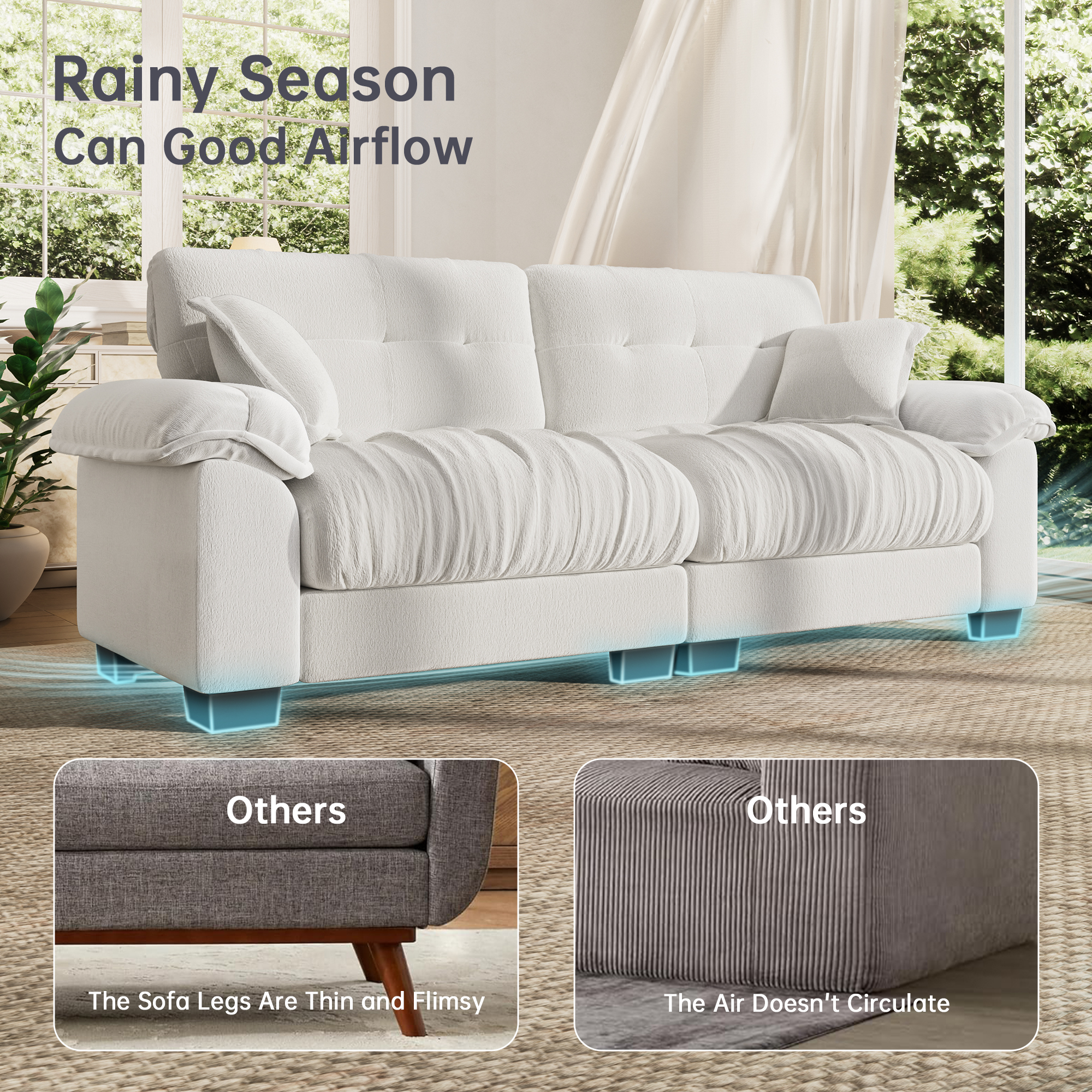 91.5" Modern Cloud Couch Sofa, Comfy Chenille Couches for Living Room,Oversized Loveseat Sofa with Wide Armrests Removable Cushion (White)