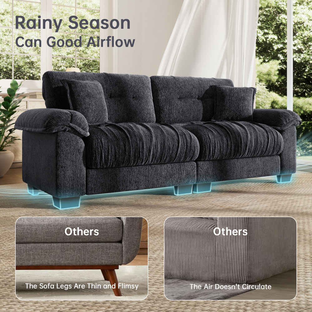 91.5" Modern Cloud Couch Sofa, Comfy Chenille Couches for Living Room,Oversized Loveseat Sofa with Wide Armrests Removable Cushion (Black)