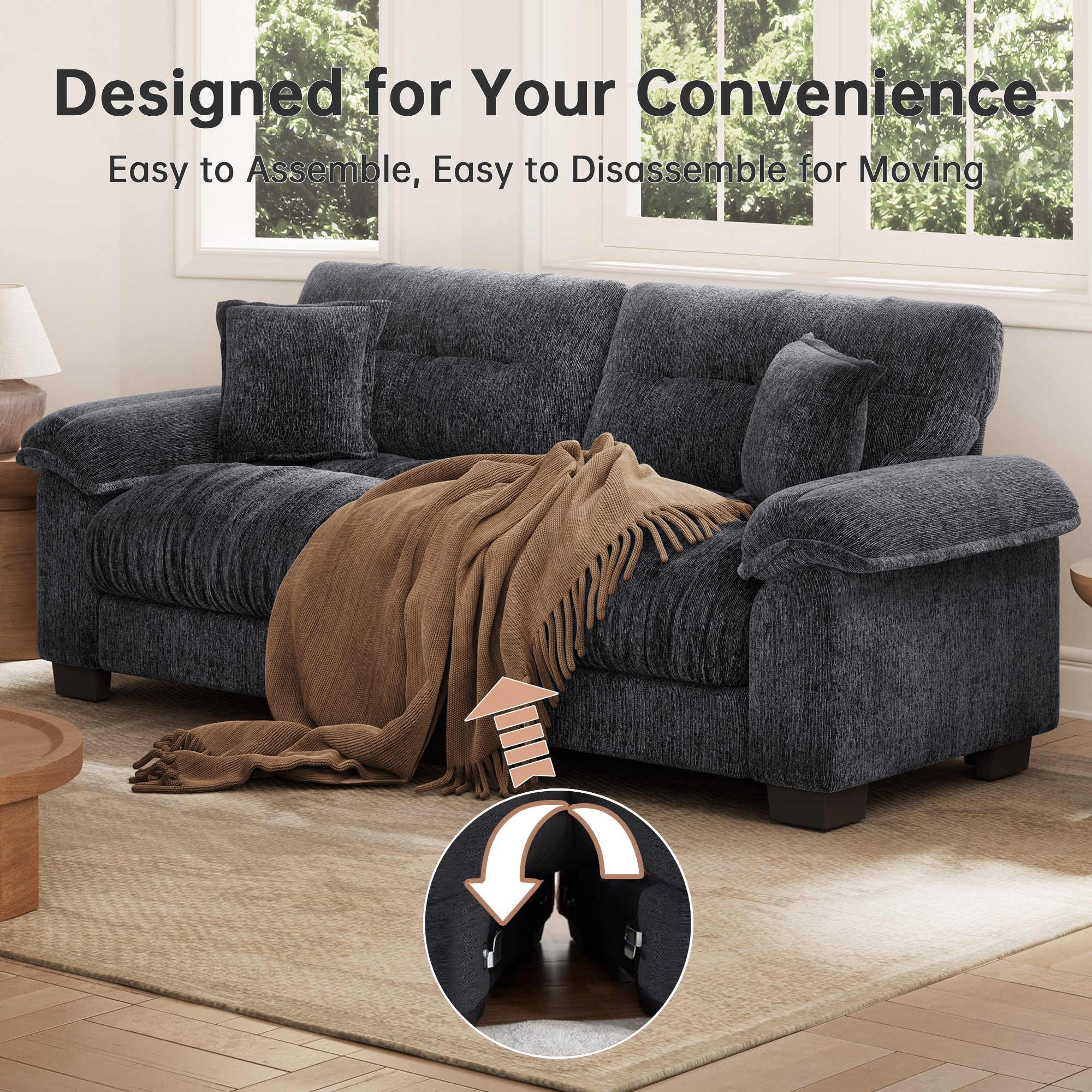 91.5" Modern Cloud Couch Sofa, Comfy Chenille Couches for Living Room,Oversized Loveseat Sofa with Wide Armrests Removable Cushion (Black)