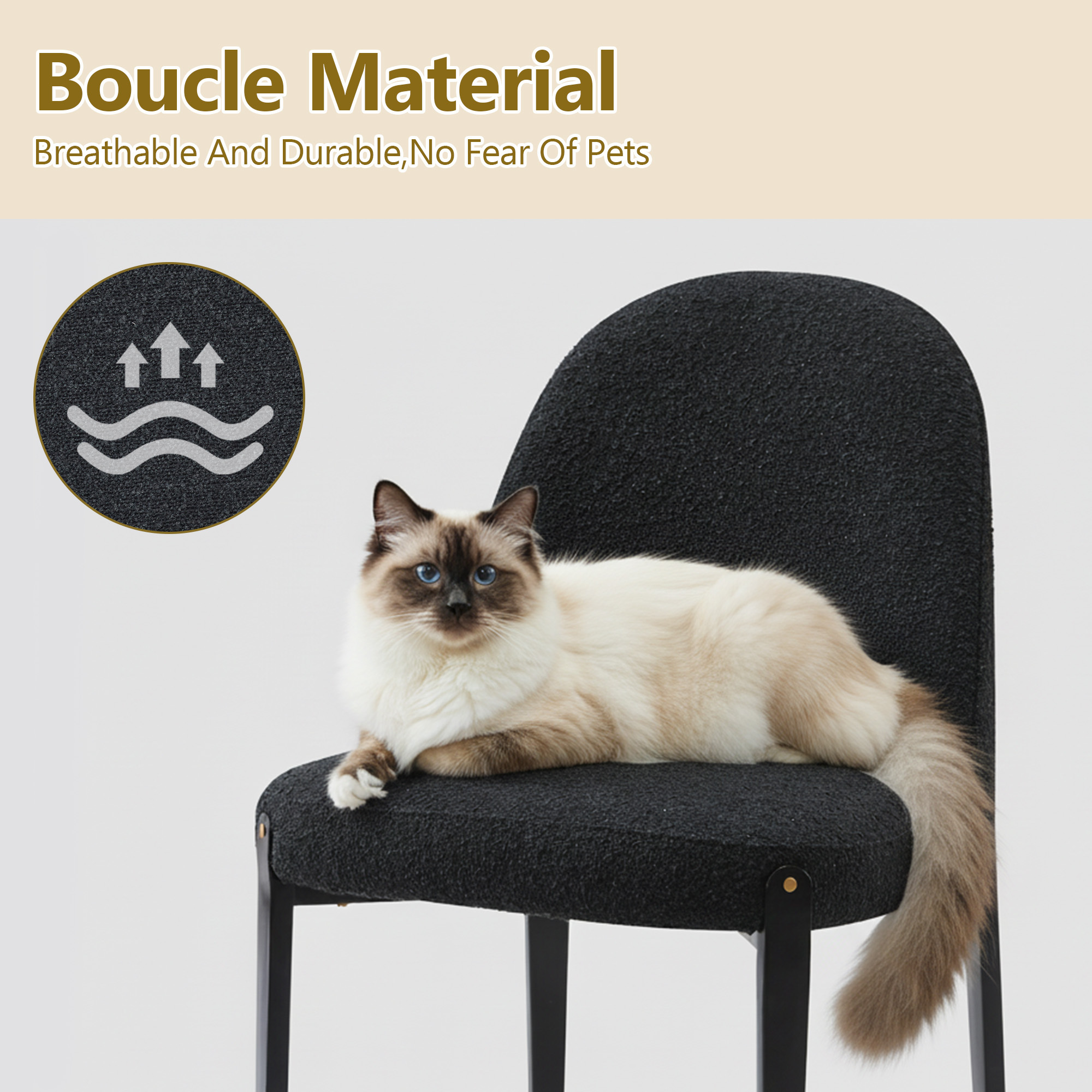 Curved Backrest Dining Chairs Set of 2, Post-Modern Boucle Upholstered Side Chairs with Ergonomic Arch Back