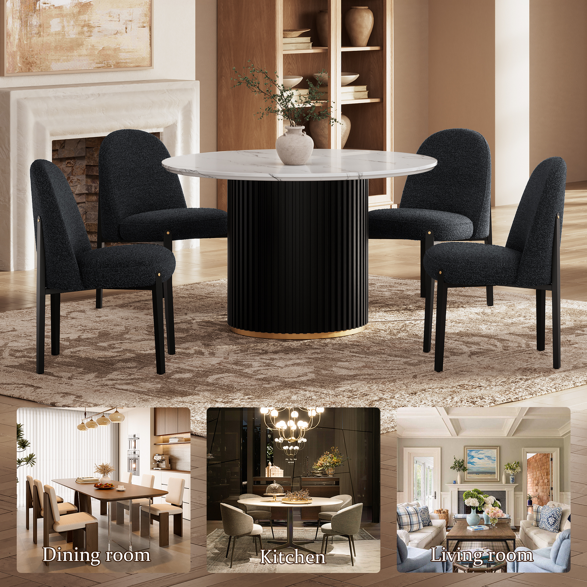 Curved Backrest Dining Chairs Set of 2, Post-Modern Boucle Upholstered Side Chairs with Ergonomic Arch Back