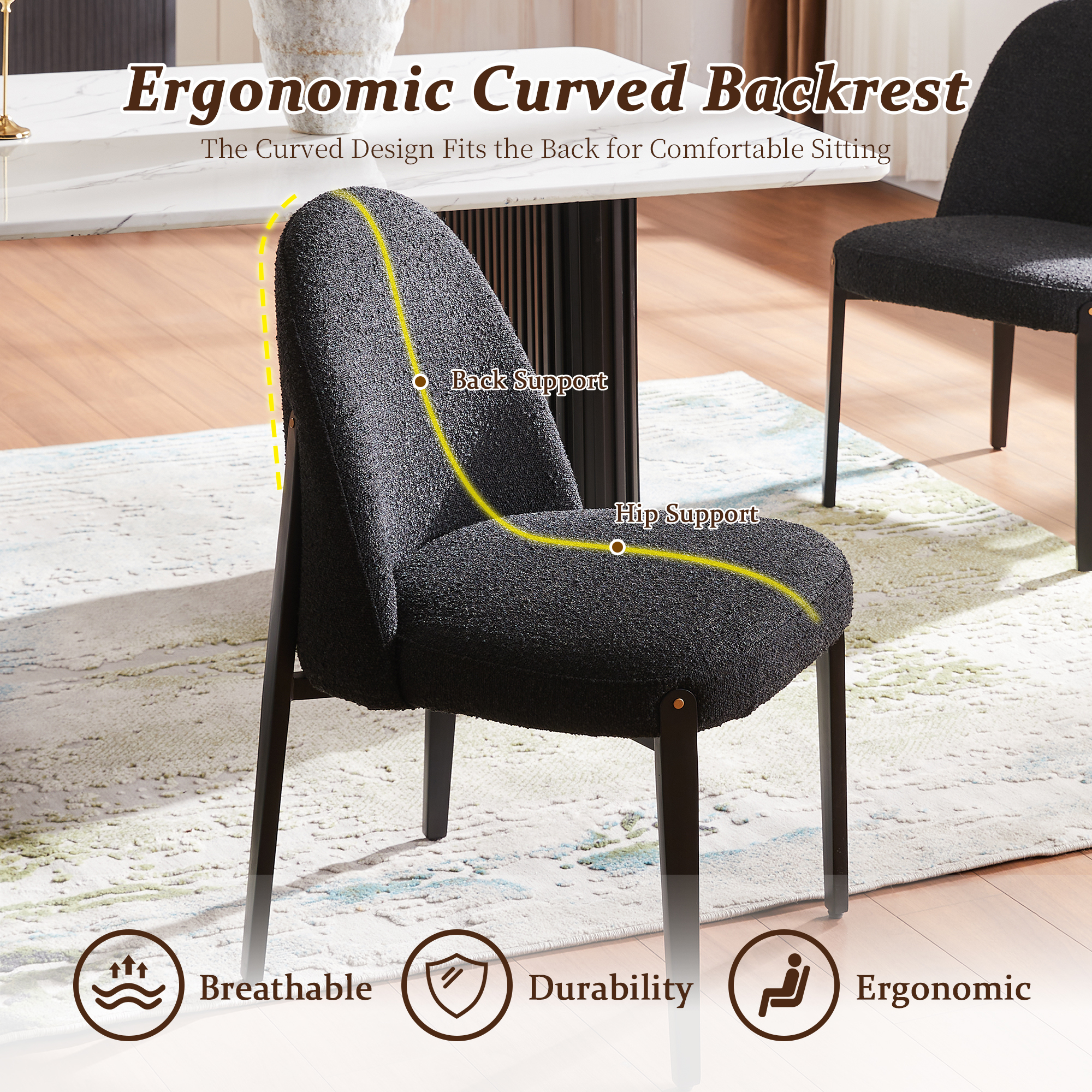 Curved Backrest Dining Chairs Set of 2, Post-Modern Boucle Upholstered Side Chairs with Ergonomic Arch Back